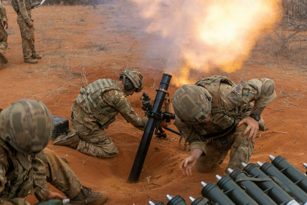 Soldiers turning away from a rocket going off, potentially causing hearing damage.